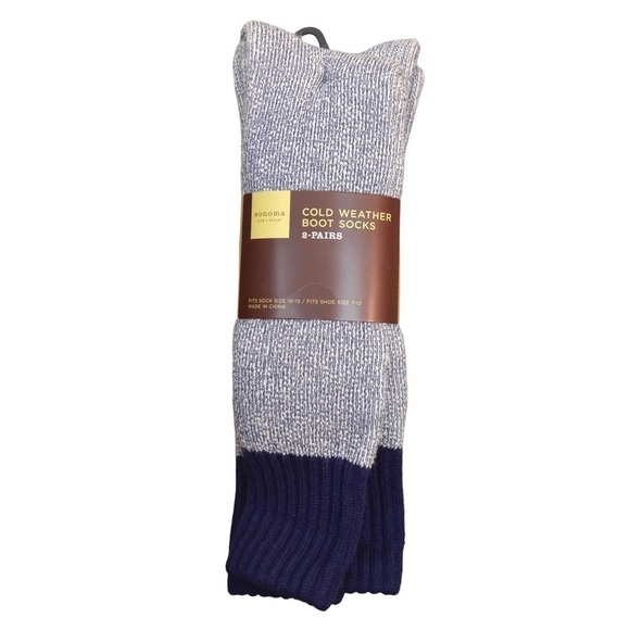 Sonoma Men’s 2 Pack Navy & White Cold Weather Boot Socks, Fits Shoe Sizes 7-12 - Picture 1 of 5